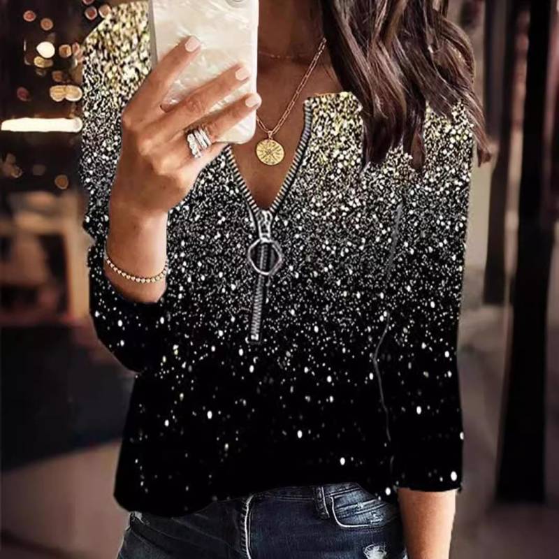 Damenmode, lockere, lässige Langarmbluse mit Reißverschluss und Blumenmuster, V-Ausschnitt, Tunika-Oberteile M gold von Joom DACH