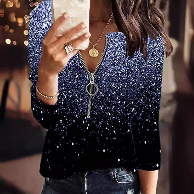 Damenmode, lockere, lässige Langarmbluse mit Reißverschluss und Blumenmuster, V-Ausschnitt, Tunika-Oberteile M blau von Joom DACH