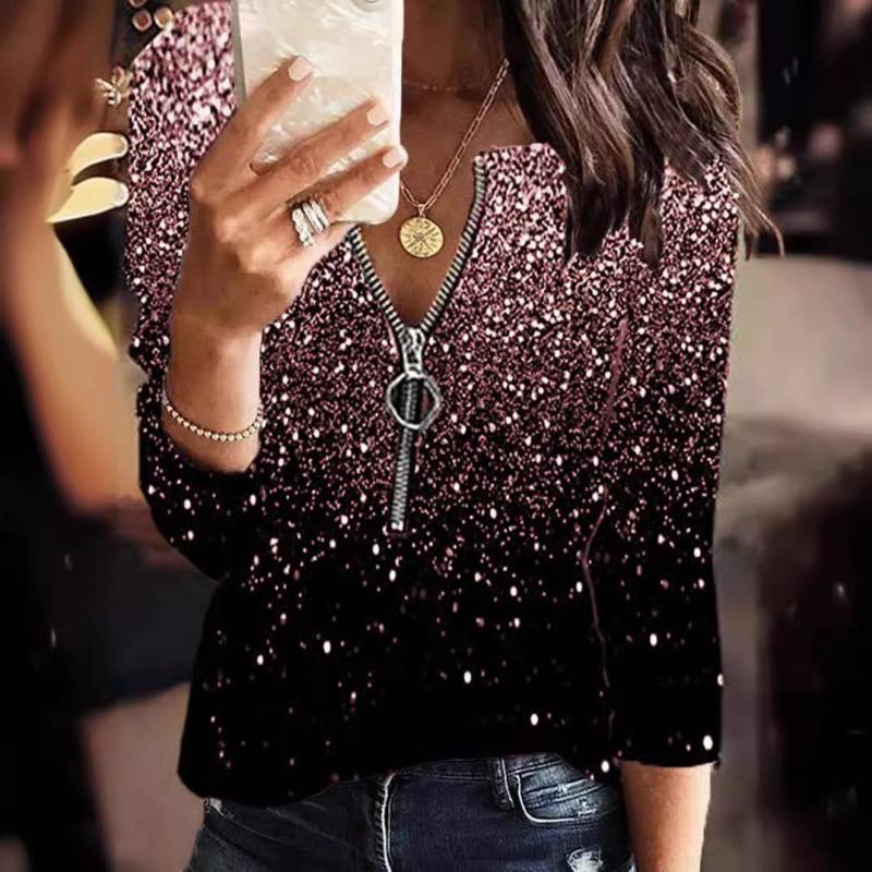 Damenmode, lockere, lässige Langarmbluse mit Reißverschluss und Blumenmuster, V-Ausschnitt, Tunika-Oberteile XL rosa von Joom DACH