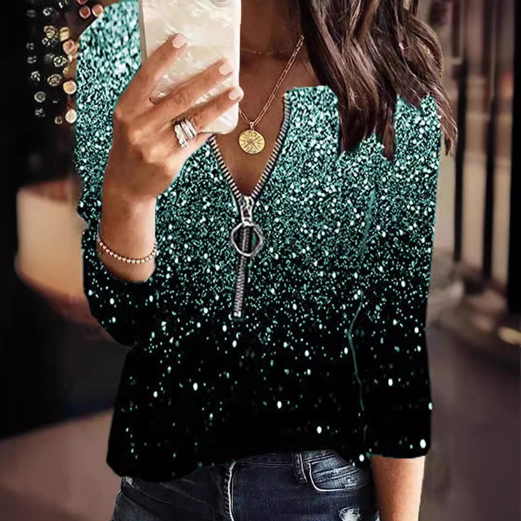 Damenmode, lockere, lässige Langarmbluse mit Reißverschluss und Blumenmuster, V-Ausschnitt, Tunika-Oberteile XXL see-grüne von Joom DACH