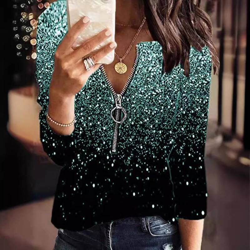 Damenmode, lockere, lässige Langarmbluse mit Reißverschluss und Blumenmuster, V-Ausschnitt, Tunika-Oberteile XXL see-grüne von Joom DACH