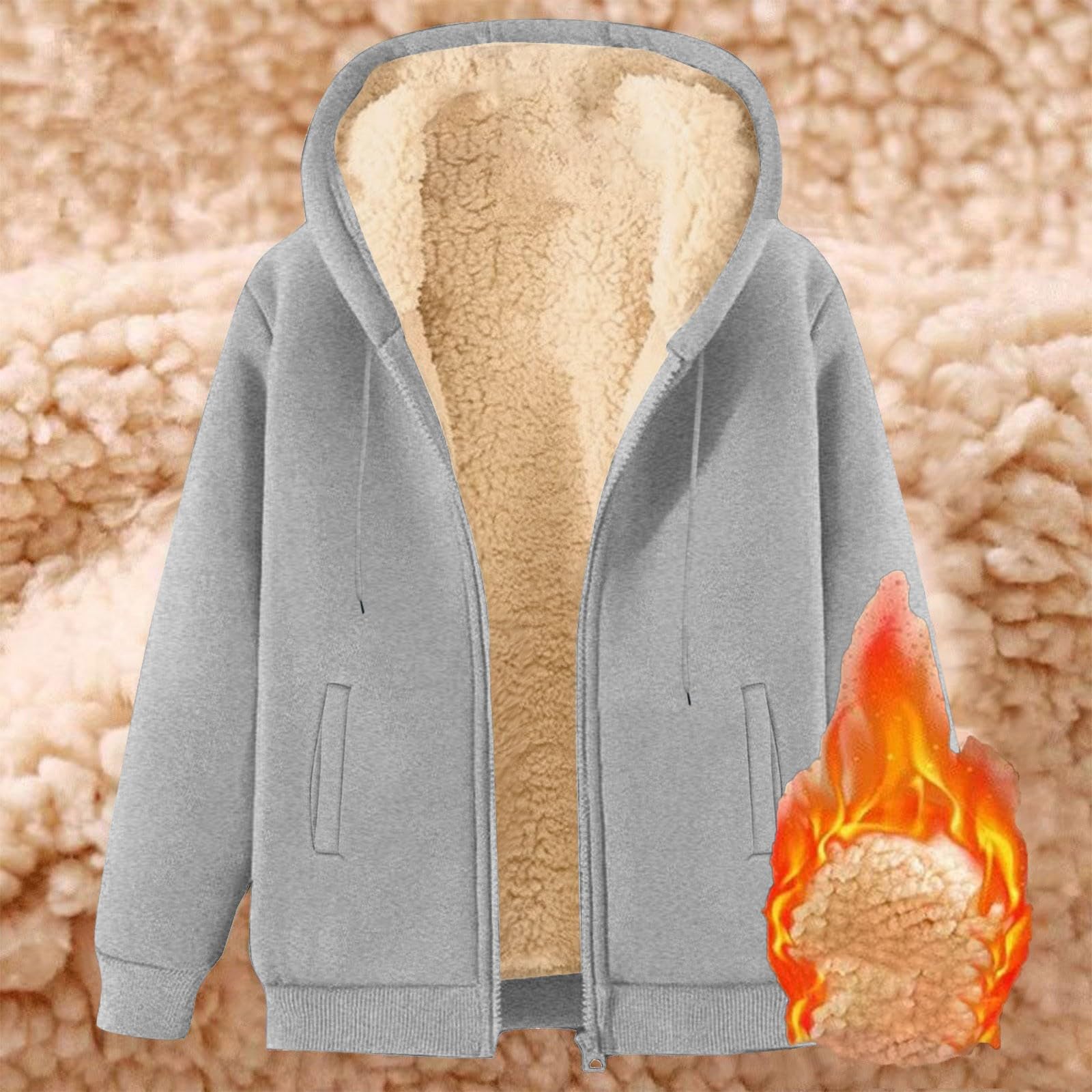 Damenmode Fleecegefüttertes Thermo-Oberteil Einfarbiges Hoodie-Jacke mit Taschen S hellgrau von Joom DACH