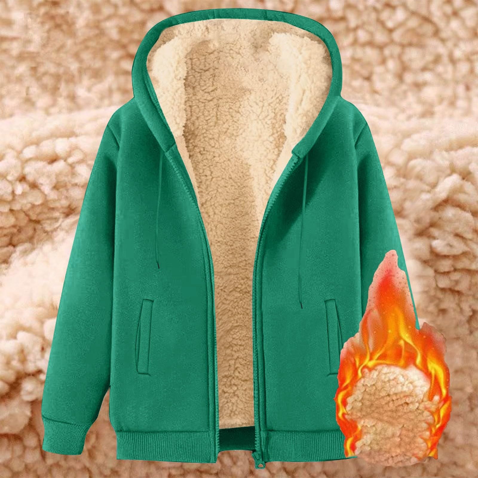 Damenmode Fleecegefüttertes Thermo-Oberteil Einfarbiges Hoodie-Jacke mit Taschen XXL dunkelgrüne von Joom DACH