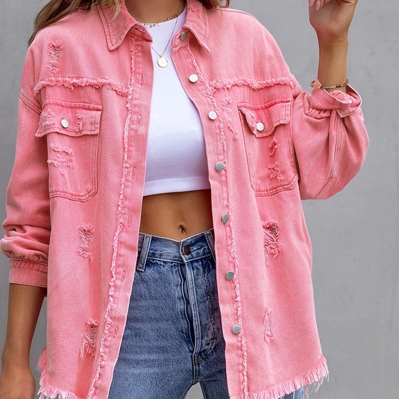 Damenmode Ripped Denim Damen Herbst und Winter Langarm Casual Revers Top Jacke L von Joom DACH