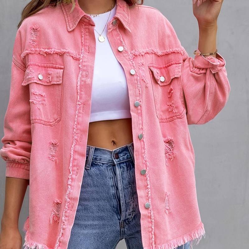 Damenmode Ripped Denim Damen Herbst und Winter Langarm Casual Revers Top Jacke L von Joom DACH