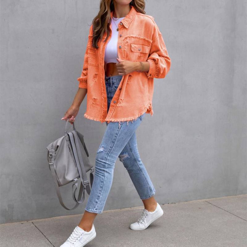 Damenmode Ripped Denim Damen Herbst und Winter Langarm Casual Revers Top Jacke XXL von Joom DACH