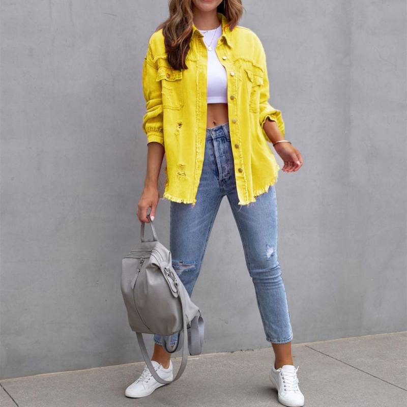 Damenmode Ripped Denim Damen Herbst und Winter Langarm Casual Revers Top Jacke XXL von Joom DACH