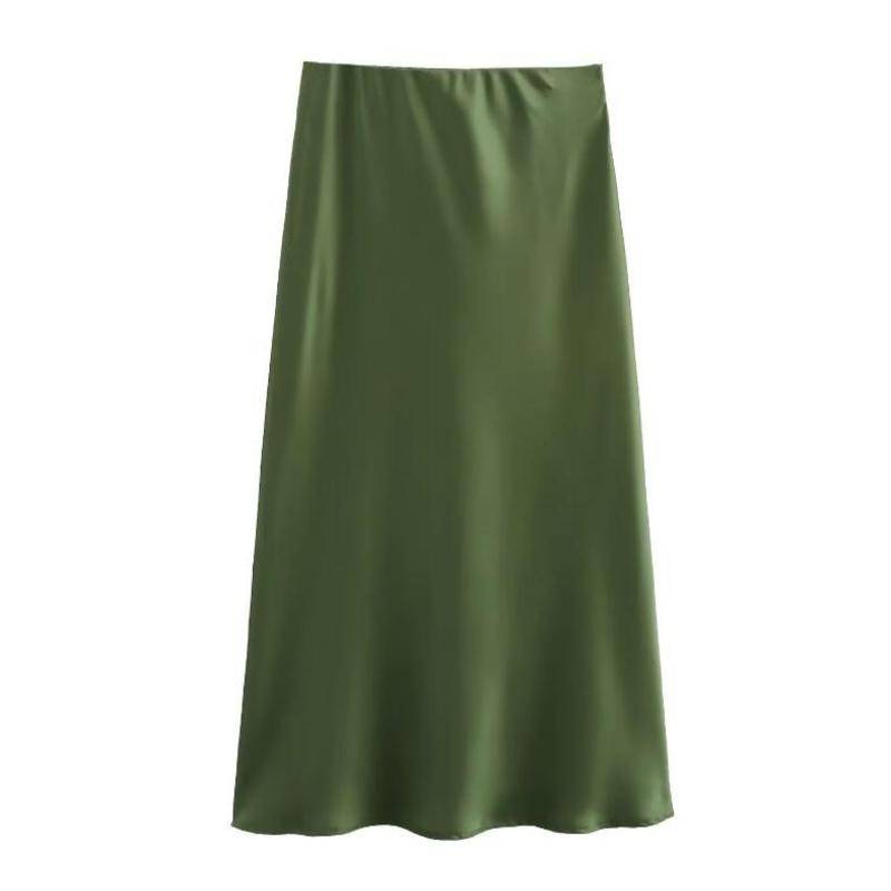 Damenmode Satin Solid Plissee Midirock Vintage Mittlere elastische Taille Weiblich Chic Dame Röcke Elegante A-Linie Slim Fit Damen Langer Rock 25954 L grün von Joom DACH