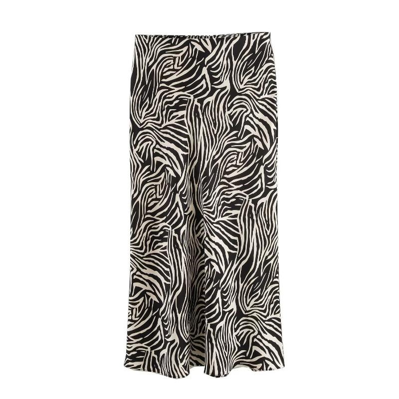 Damenmode Satin Solid Plissee Midirock Vintage Mittlere elastische Taille Weiblich Chic Dame Röcke Elegante A-Linie Slim Fit Damen Langer Rock 25954 L zebra-druck von Joom DACH