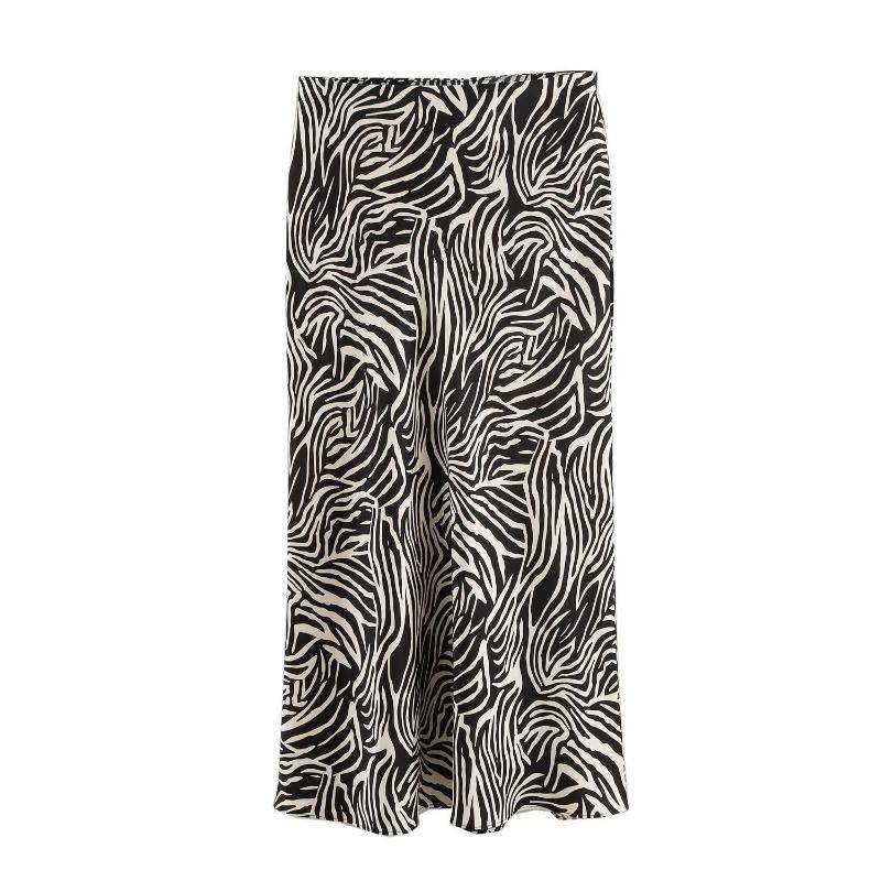 Damenmode Satin Solid Plissee Midirock Vintage Mittlere elastische Taille Weiblich Chic Dame Röcke Elegante A-Linie Slim Fit Damen Langer Rock 25954 L zebra-druck von Joom DACH