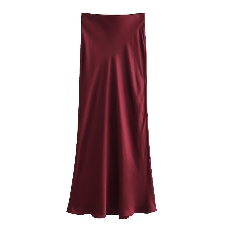 Damenmode Satin Solid Plissee Midirock Vintage Mittlere elastische Taille Weiblich Chic Dame Röcke Elegante A-Linie Slim Fit Damen Langer Rock 25954 XS bordeaux von Joom DACH