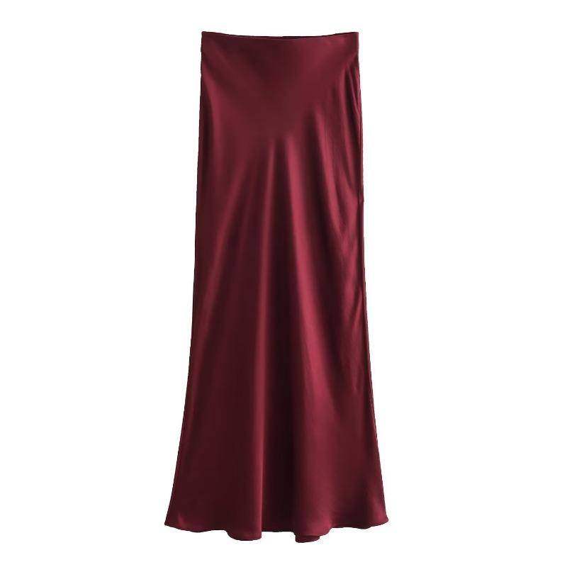 Damenmode Satin Solid Plissee Midirock Vintage Mittlere elastische Taille Weiblich Chic Dame Röcke Elegante A-Linie Slim Fit Damen Langer Rock 25954 XS bordeaux von Joom DACH