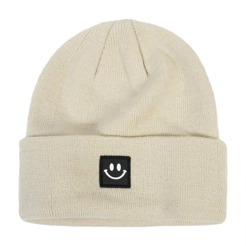 Damenmode Smiley Face Logo Mütze Einfarbig Strickmütze Lässige Outdoor Warme Beanie Herren Wintermütze beige von Joom DACH