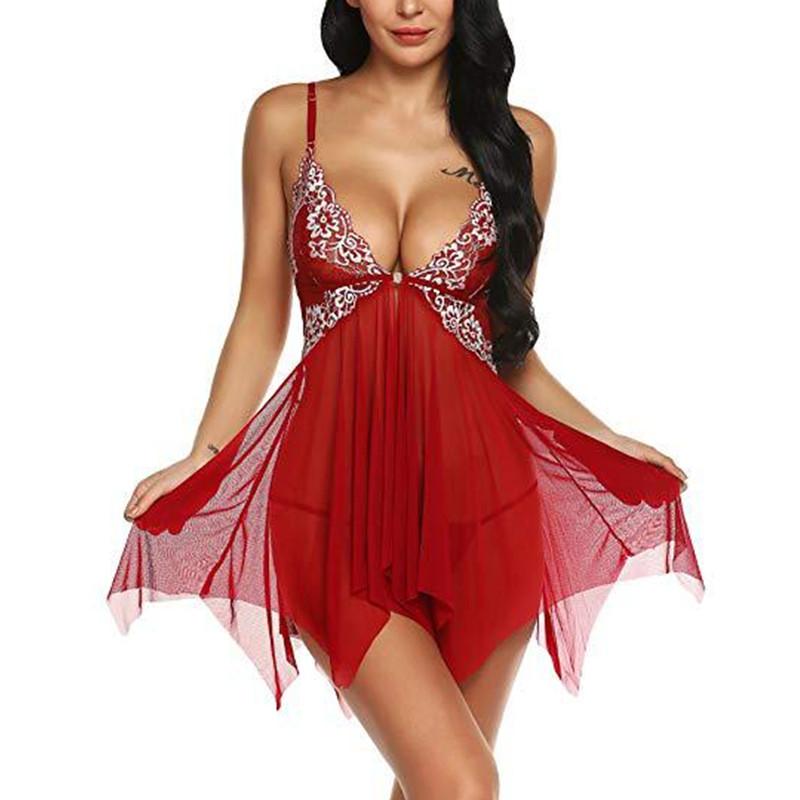 Damenmode-Spitzen-Dessous-Set mit Vorderverschluss, Babydoll, V-Ausschnitt, Netz-Nachtwäsche, Nachthemd, Pyjama M rot von Joom DACH