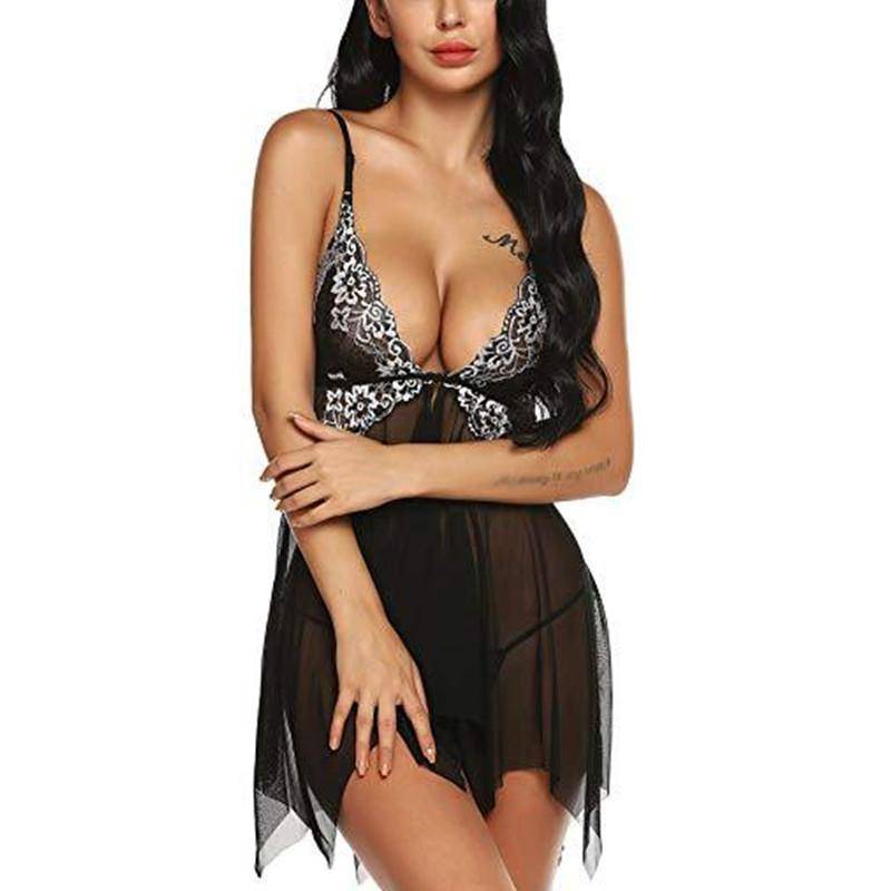 Damenmode-Spitzen-Dessous-Set mit Vorderverschluss, Babydoll, V-Ausschnitt, Netz-Nachtwäsche, Nachthemd, Pyjama S schwarz von Joom DACH