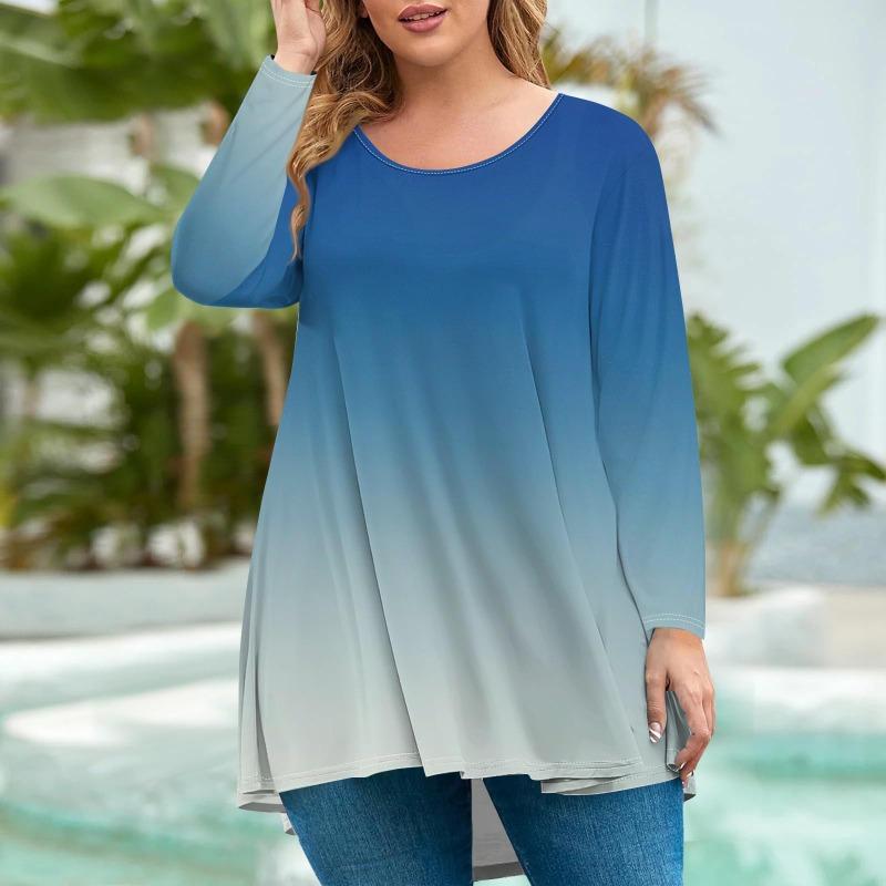 Damenmode Übergröße Rundhals Langarm Lässig Print Lockerer Pullover Top T-Shirts Damen 6XL blau von Joom DACH