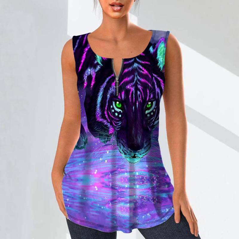 Damenmode V-Ausschnitt Shirts Casual Tops T-Shirt Damen 3D A Mighty Tiger Print Weste Übergröße Ärmellose Bluse Tanktops 8XL violett von Joom DACH