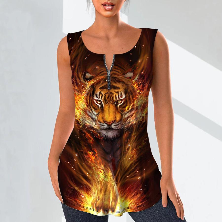 Damenmode V-Ausschnitt Shirts Casual Tops T-Shirt Damen 3D A Mighty Tiger Print Weste Übergröße Ärmellose Bluse Tanktops 8XL von Joom DACH