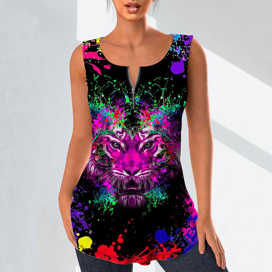 Damenmode V-Ausschnitt Shirts Casual Tops T-Shirt Damen 3D A Mighty Tiger Print Weste Übergröße Ärmellose Bluse Tanktops L von Joom DACH