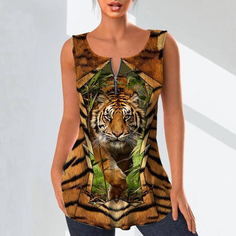 Damenmode V-Ausschnitt Shirts Casual Tops T-Shirt Damen 3D A Mighty Tiger Print Weste Übergröße Ärmellose Bluse Tanktops S von Joom DACH
