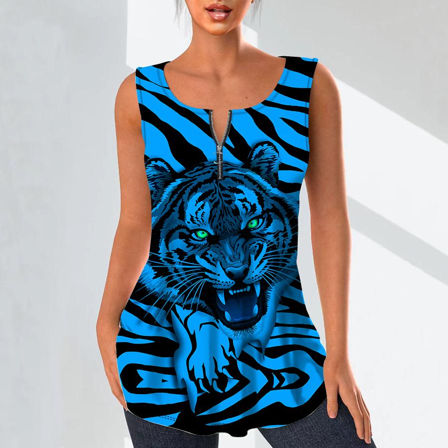 Damenmode V-Ausschnitt Shirts Casual Tops T-Shirt Damen 3D Fierce Tiger Print Weste Übergröße Ärmellose Bluse Tanktops 2XL von Joom DACH