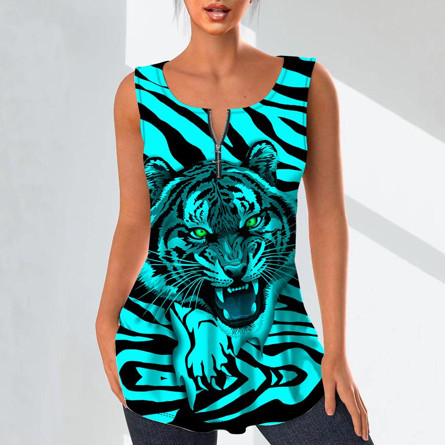 Damenmode V-Ausschnitt Shirts Casual Tops T-Shirt Damen 3D Fierce Tiger Print Weste Übergröße Ärmellose Bluse Tanktops 2XL von Joom DACH