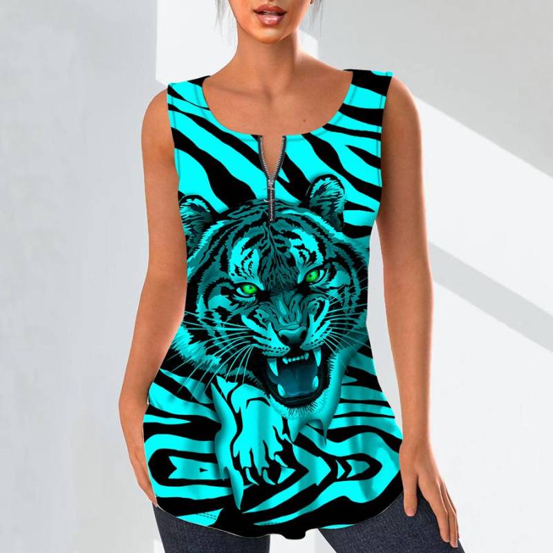 Damenmode V-Ausschnitt Shirts Casual Tops T-Shirt Damen 3D Fierce Tiger Print Weste Übergröße Ärmellose Bluse Tanktops 2XL von Joom DACH