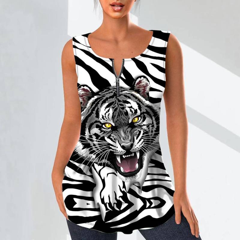 Damenmode V-Ausschnitt Shirts Casual Tops T-Shirt Damen 3D Fierce Tiger Print Weste Übergröße Ärmellose Bluse Tanktops 8XL grau von Joom DACH