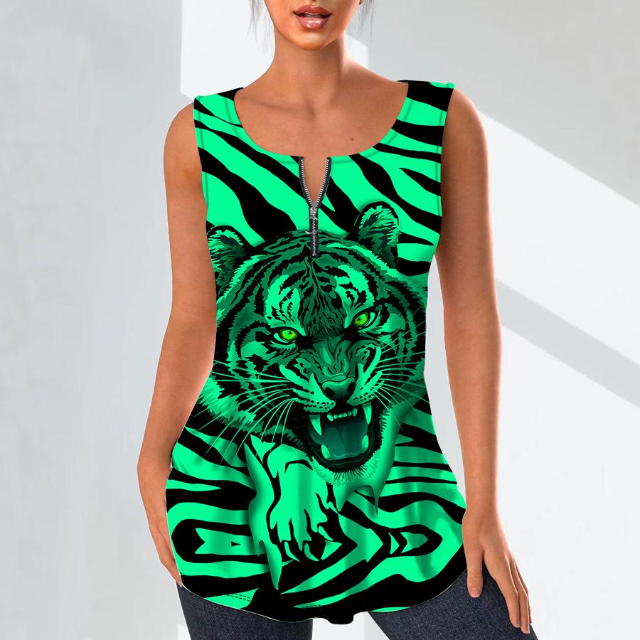Damenmode V-Ausschnitt Shirts Casual Tops T-Shirt Damen 3D Fierce Tiger Print Weste Übergröße Ärmellose Bluse Tanktops XL von Joom DACH