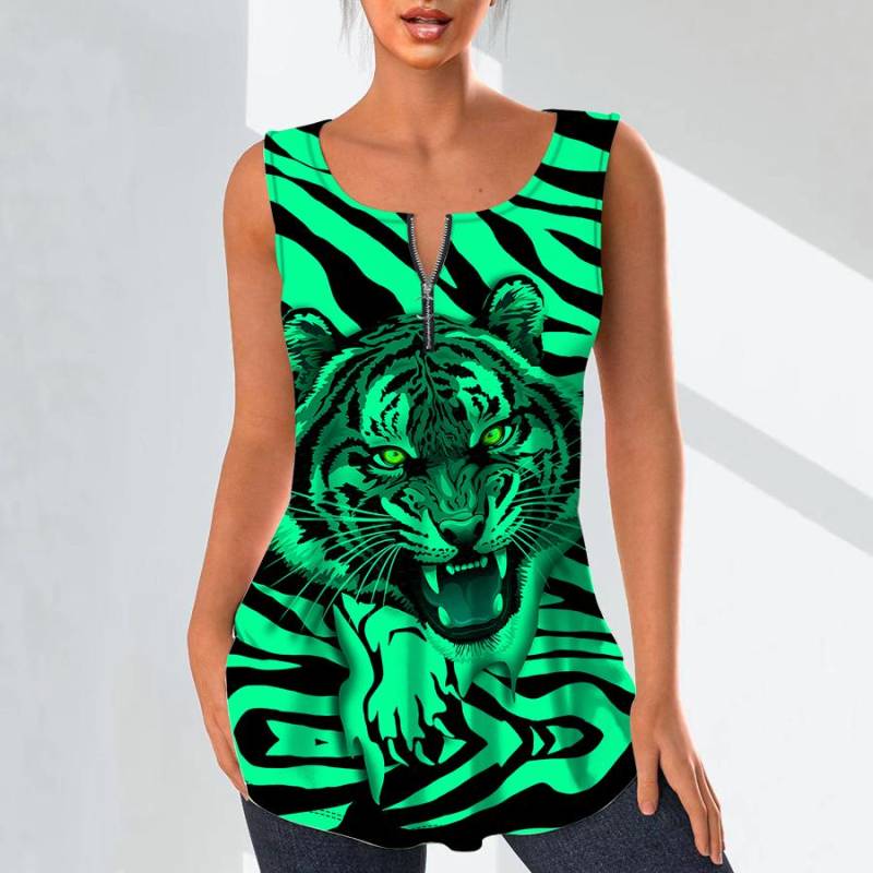 Damenmode V-Ausschnitt Shirts Casual Tops T-Shirt Damen 3D Fierce Tiger Print Weste Übergröße Ärmellose Bluse Tanktops XL von Joom DACH