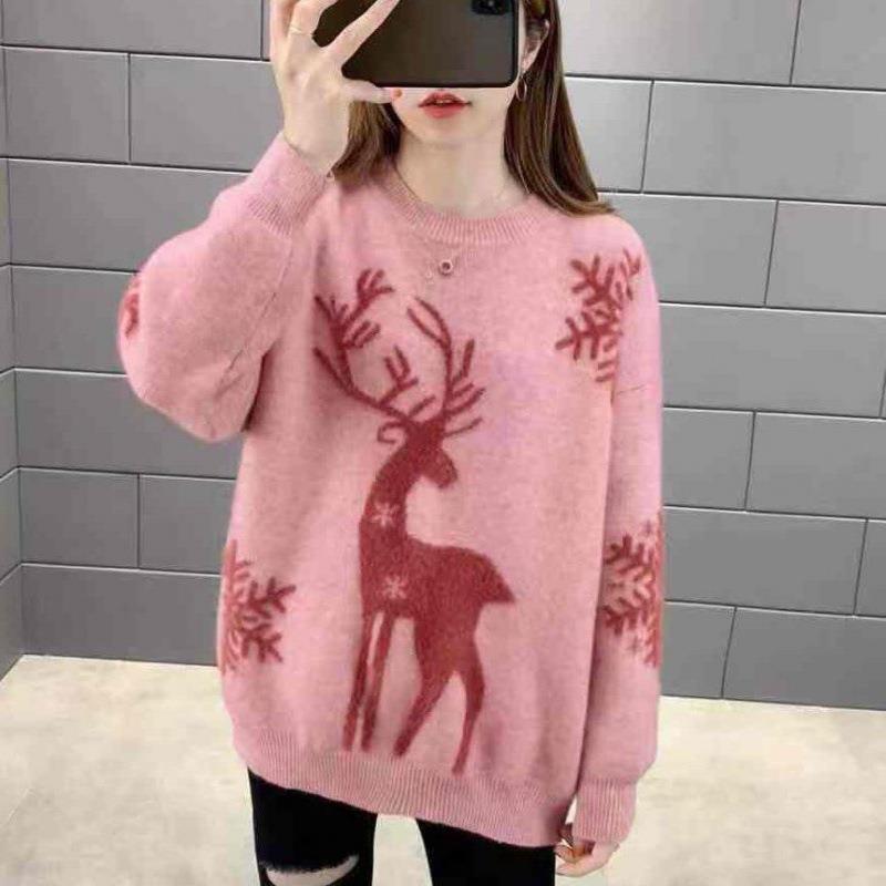 Damenmode Weihnachten Locker gestrickte Pullover für Damen Pullover Herbst Winter Warm Plüsch Lässige Strickpullover 3XL rosa von Joom DACH
