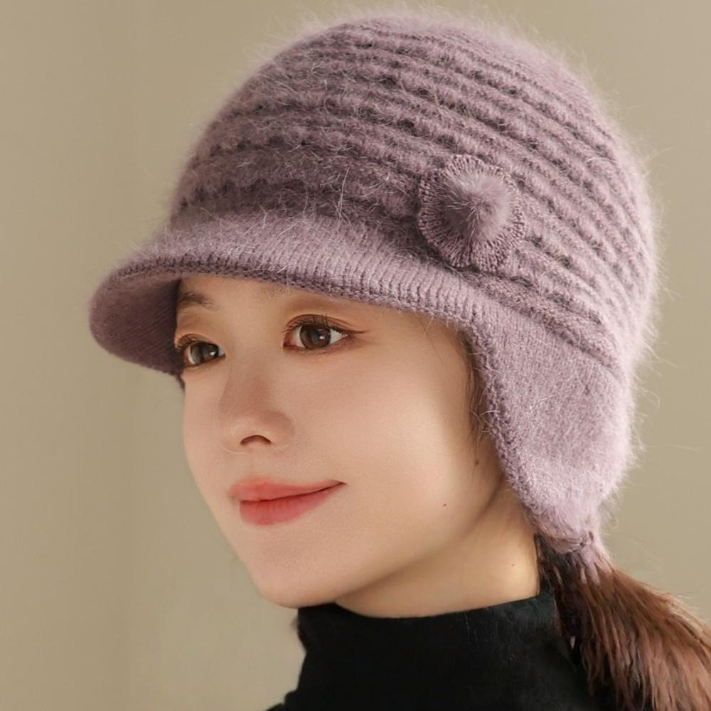 Damenmode Winter Warmhalten Hut Weibliche Dandy Mützen für Frauen Lässige Kaninchenfellmischung Strickmütze 55cm-58cm licht lila von Joom DACH