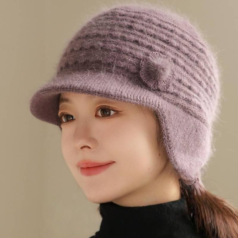 Damenmode Winter Warmhalten Hut Weibliche Dandy Mützen für Frauen Lässige Kaninchenfellmischung Strickmütze 55cm-58cm licht lila von Joom DACH