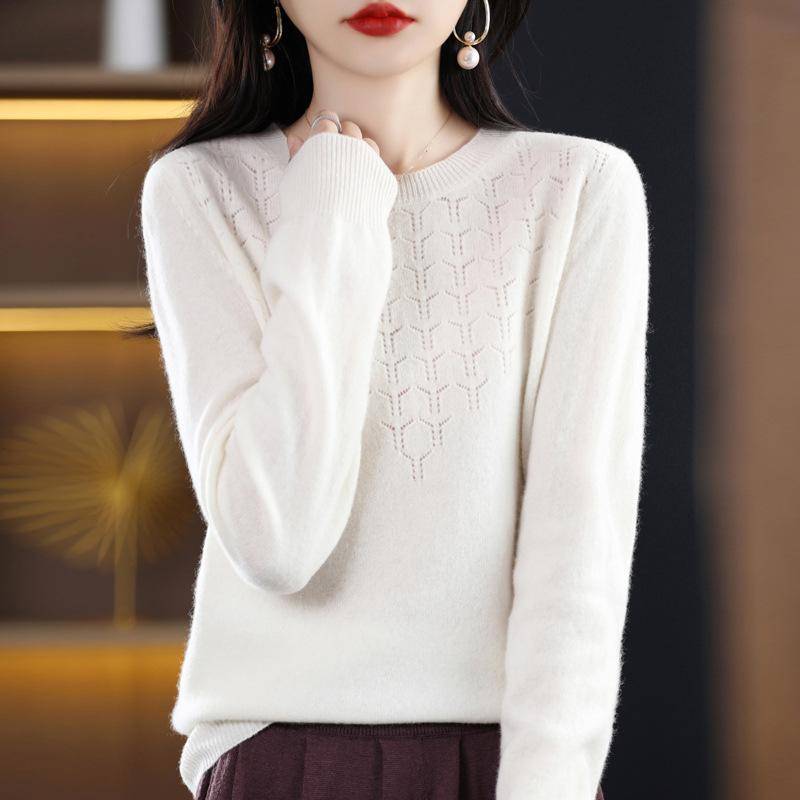 Damenpullover Rundhalsausschnitt Hohlpullover Pullover Damen Langarm Locker Strick Frühling und Herbst Dünner Stil S weiß von Joom DACH