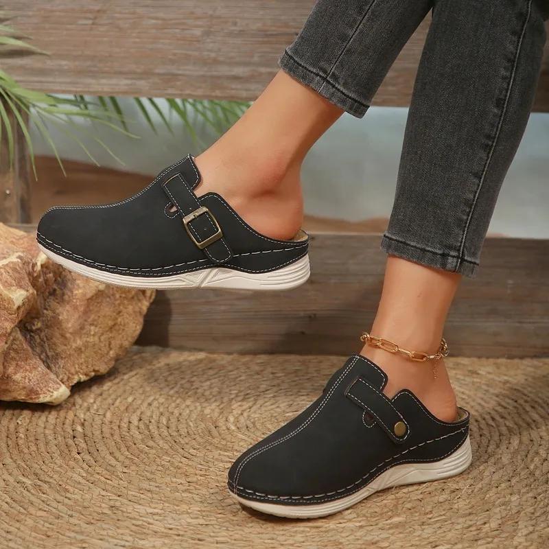 Damenschuhe Baotou Damen Hausschuhe Mode Gürtelschnalle Lässige Hausschuhe Frauen Sommer Plus Size Solide Flache Hausschuhe 42 schwarz von Joom DACH