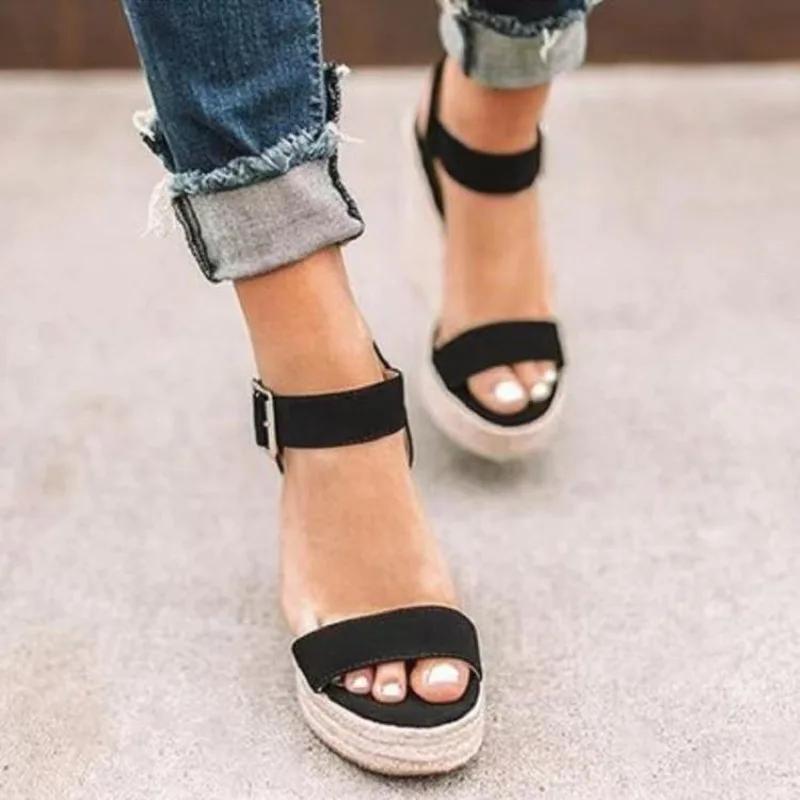 Damenschuhe Heißer Verkauf Schnallenriemen Damen Sandalen Mode Peeptoe Freizeit Sandalen Damen Sommer Übergröße Keilsandalen 42 schwarz von Joom DACH