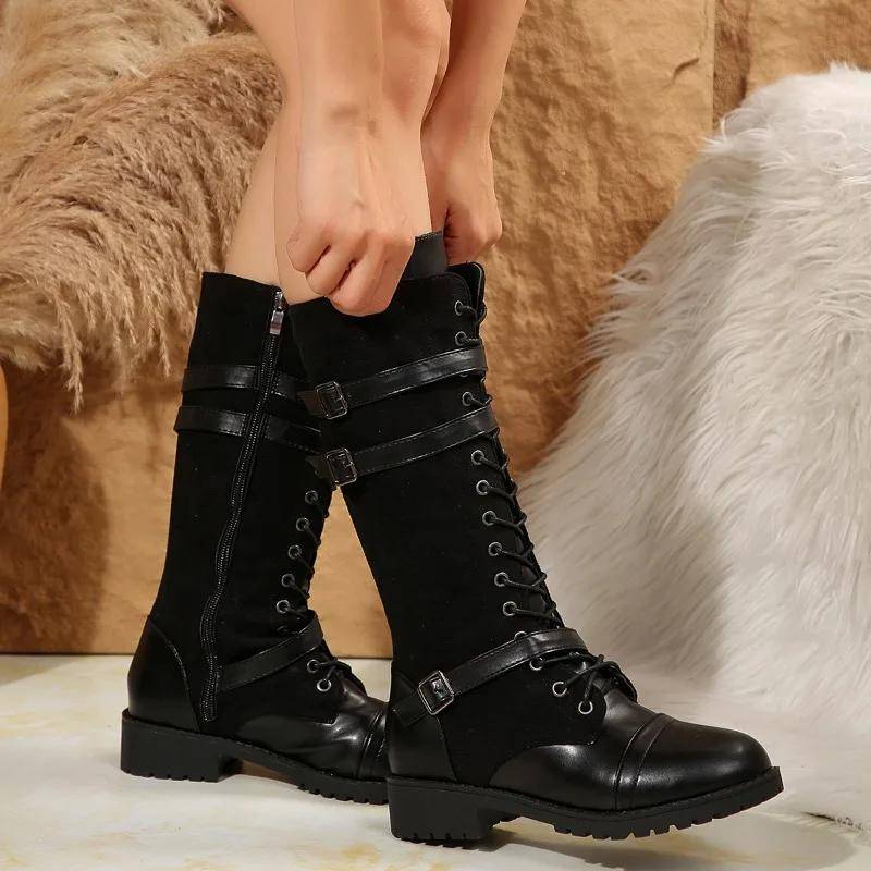 Damenschuhe Kniehohe Damenstiefel Übergröße Moderne Stiefel Damen Gürtelschnalle Runde Zehenpartie Überkreuzte mittlere Ferse Seitlicher Reißverschluss Schuhe 38 von Joom DACH