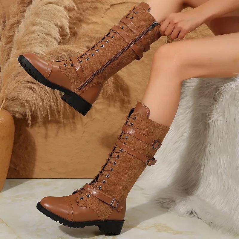 Damenschuhe Kniehohe Damenstiefel Übergröße Moderne Stiefel Damen Gürtelschnalle Runde Zehenpartie Überkreuzte mittlere Ferse Seitlicher Reißverschluss Schuhe 39 von Joom DACH