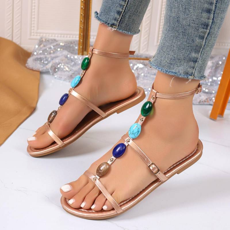 Damenschuhe Mode Plus Size Damen Sandalen Sommer Schnallenriemen Casual Sandalen Frauen Neue String Bead Flache Sandalenzapatos 45 champagner von Joom DACH