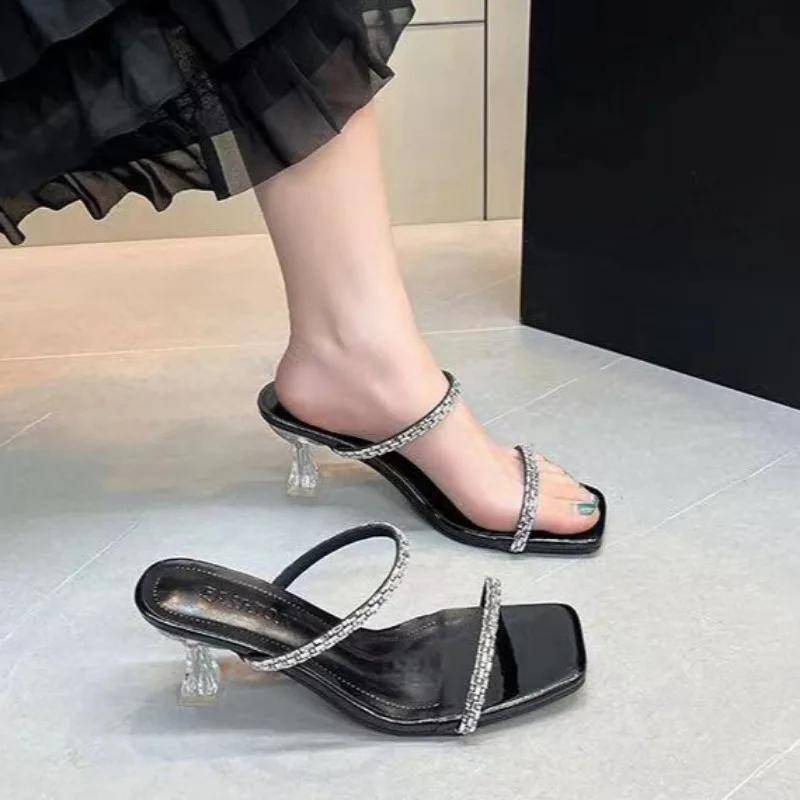 Damenschuhe Mode offene spitze Damen Hausschuhe Heißer Verkauf Kristall Kleid Hausschuhe Frauen Sommer Plus Größe Feste Heels Frauen 40 schwarz von Joom DACH