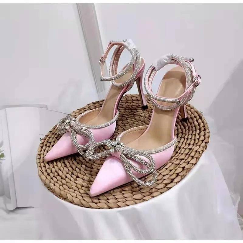 Damenschuhe Neue Übergröße Damen High Heels Elegant Hochzeitsschuhe Wickel Kristall Schleife Riemen Stiletto Spitz Zehen Sandalen 42 rosa von Joom DACH
