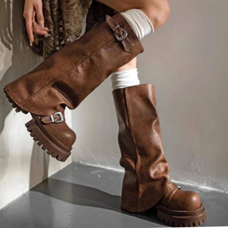 Damenschuhe Slip-on Damenstiefel Mode Gürtelschnalle Moderne Stiefel Damen Winter Runde Zehen Plateau Kniehohe Stiefel 38 braun von Joom DACH