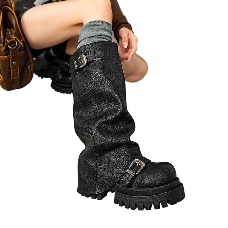 Damenschuhe Slip-on Damenstiefel Mode Gürtelschnalle Moderne Stiefel Damen Winter Runde Zehen Plateau Kniehohe Stiefel 40 schwarz von Joom DACH