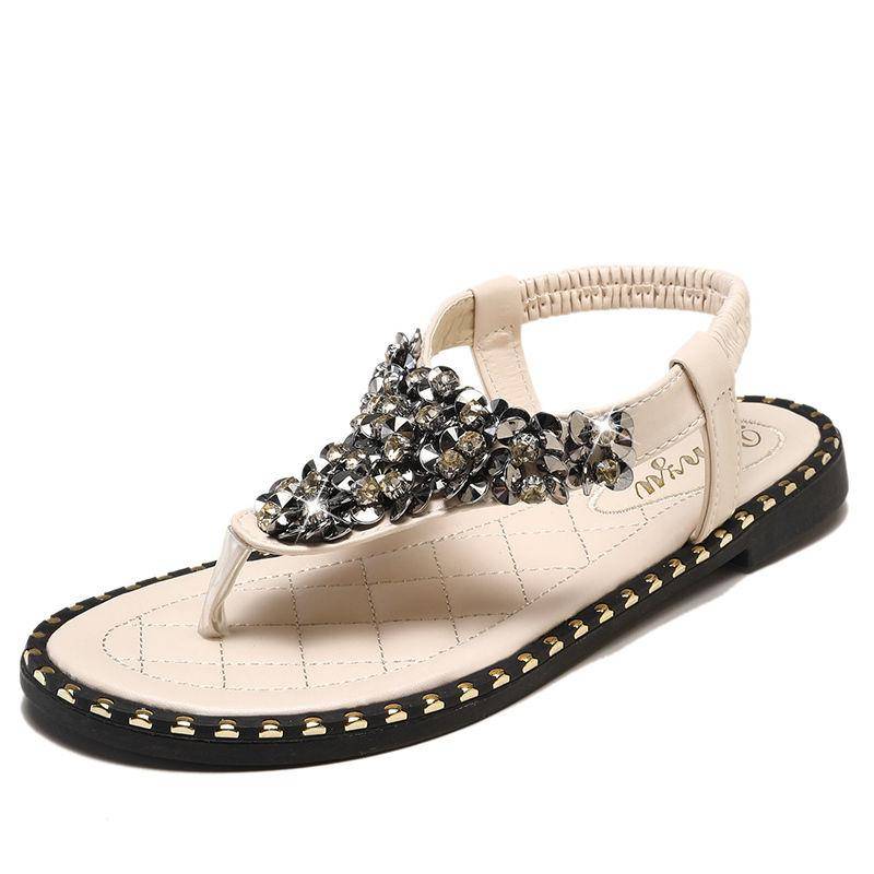 Damenschuhe Übergröße Flache Sohle Zehenstegsandalen Strass Pantoletten Schuhe Strandschuhe Damen Sommer 43 beige von Joom DACH