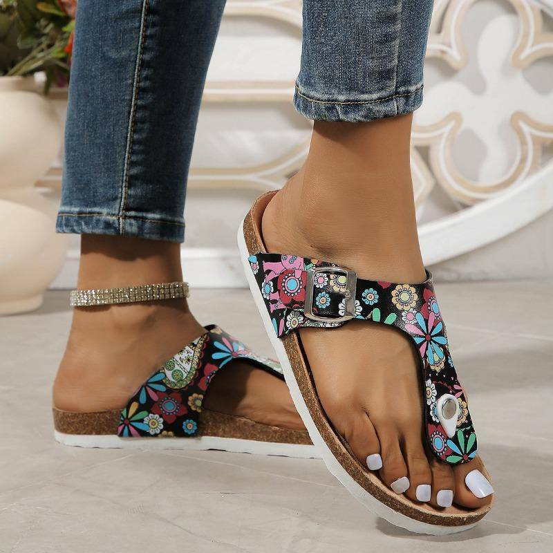 Damenschuhe Zehensandalen Damen Hausschuhe Outdoor Freizeit Hausschuhe Damen Print Runde Zehenpartie Flach mit Übergröße Schnalle Sandalen 43 schwarz von Joom DACH