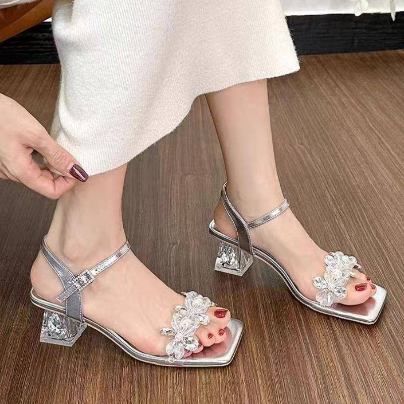 Damenschuhe im Angebot Modische Sandalen mit Knöchelriemen für Damen, Sommer, quadratische Zehenpartie, offene Zehenpartie, einfarbig, transparente Sandalen mit Blockabsatz 40 silber von Joom DACH