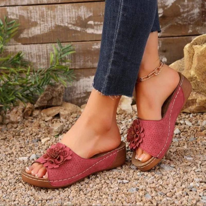 Damenschuhe mit offener Spitze, Damen-Hausschuhe, lässige Hausschuhe für draußen, Blumenmuster, runde Zehenpartie, Keilabsatz, Plateau-Sandalen in Übergröße 38 rot von Joom DACH