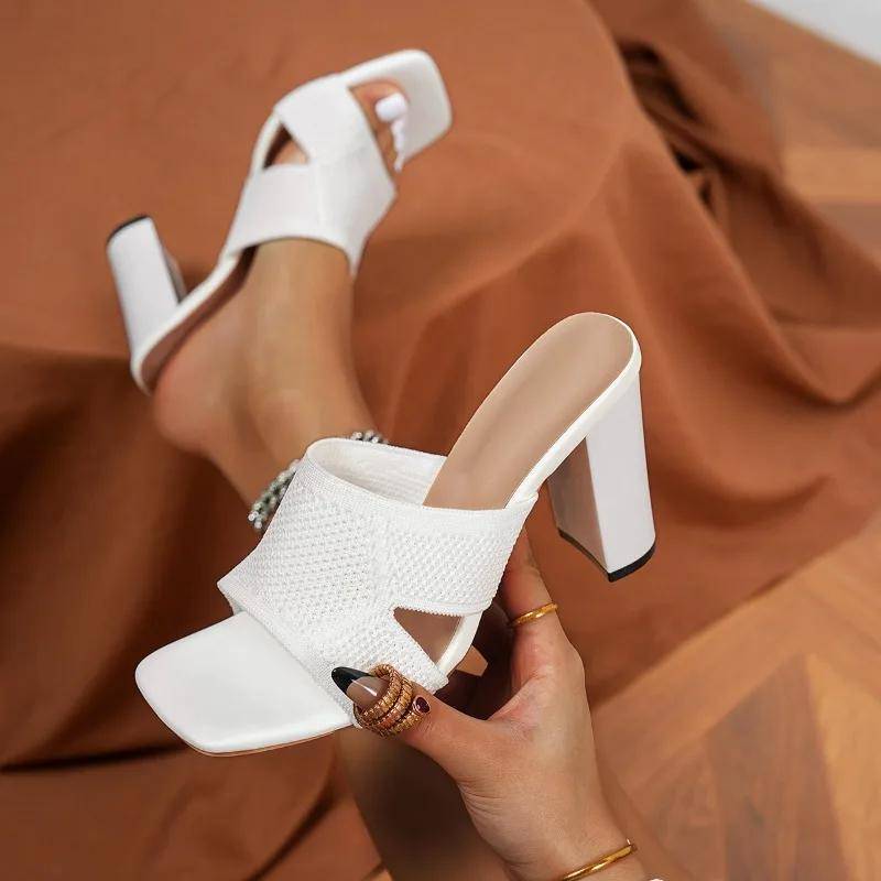 Damenschuhe mit offener Spitze, Hausschuhe in Übergröße, Hausschuhe für Damen, quadratische Zehenpartie, Netzstoff, hohe, klobige Absätze, moderne Sandalen 43 von Joom DACH