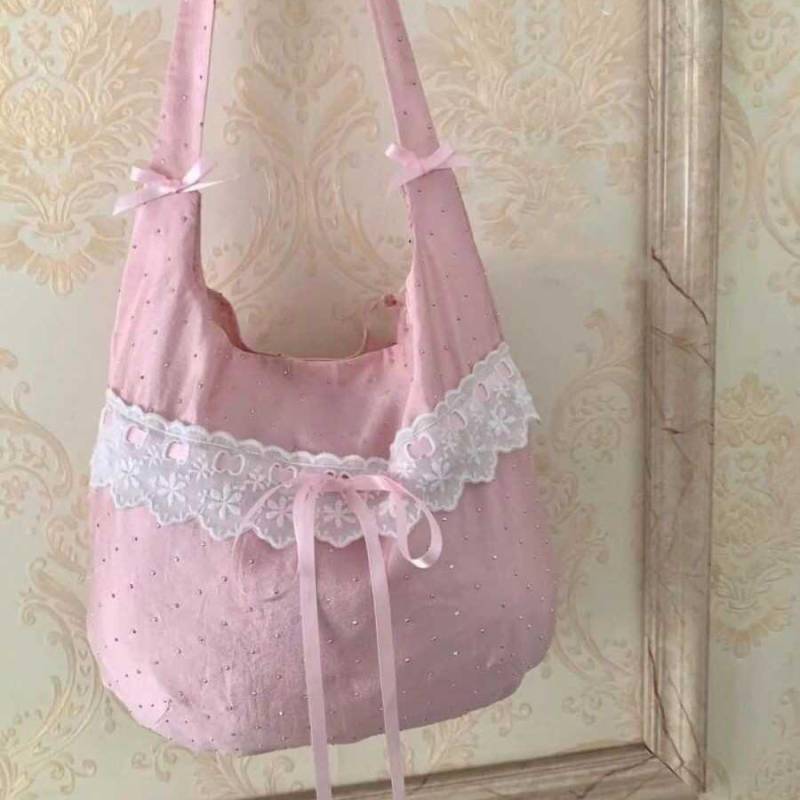Damentasche aus japanischer und südkoreanischer Spitze mit Schleife, Schultertasche, hohes Erscheinungsbild, Fee, Studentin, Segeltuchtasche von Joom DACH