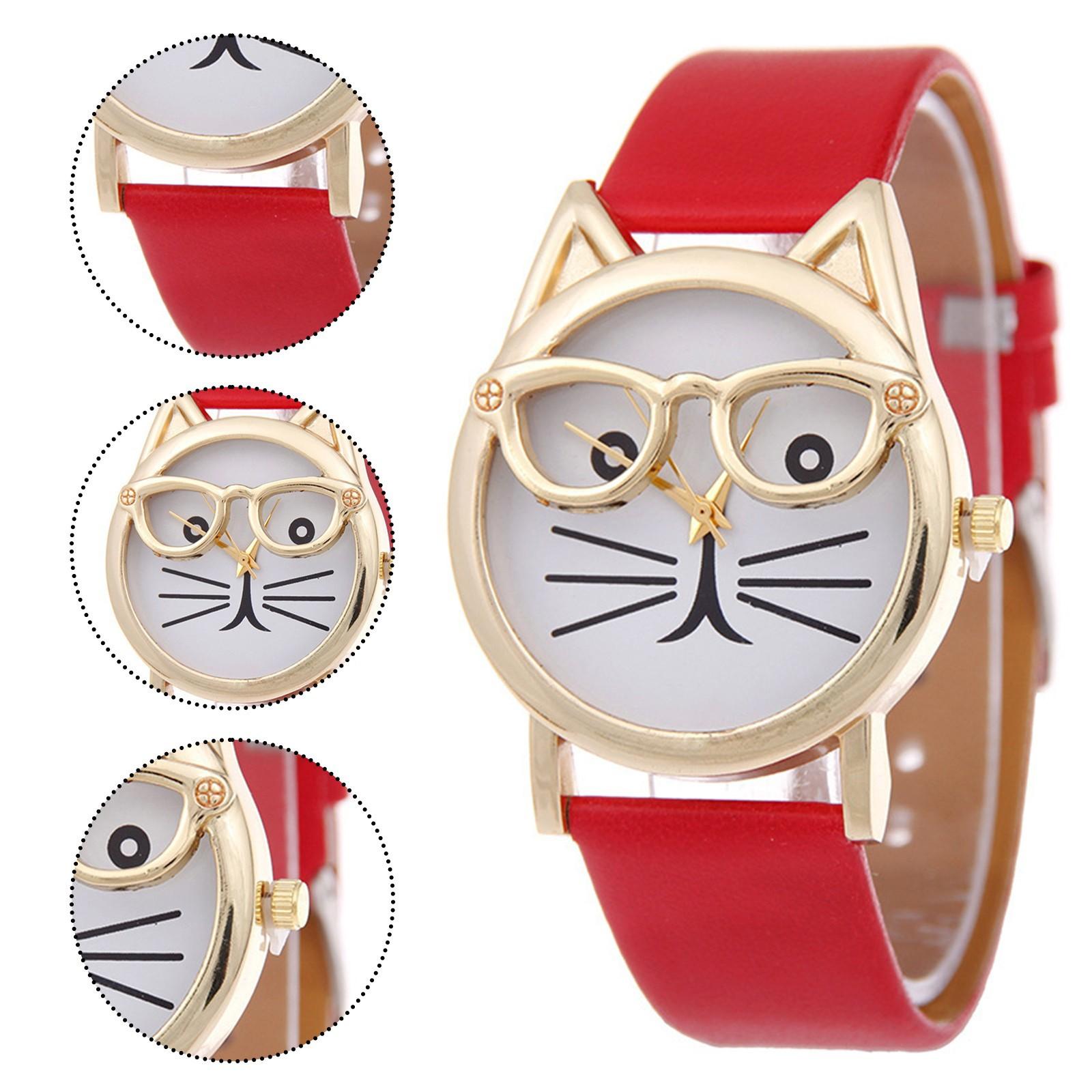 Damenuhr mit Brille, Katzen-Zifferblatt, Gürtel, Damen-Quarzuhr rot von Joom DACH